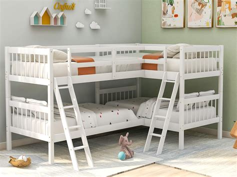 Twin Over Twin Bunk Bed for Kids, Wood L-Shaped Corner Bunk Bed Frame 4 ...