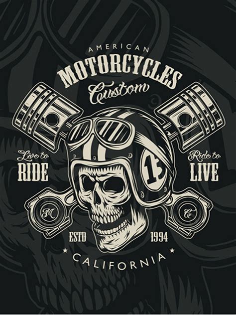 Vintage monochrome custom motorcycle badge with moto racer skull and ...