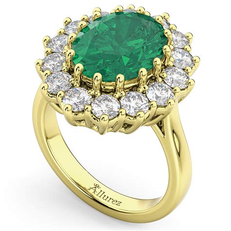 Oval Emerald & Diamond Halo Lady Di Ring 14k Yellow Gold 6.40ct