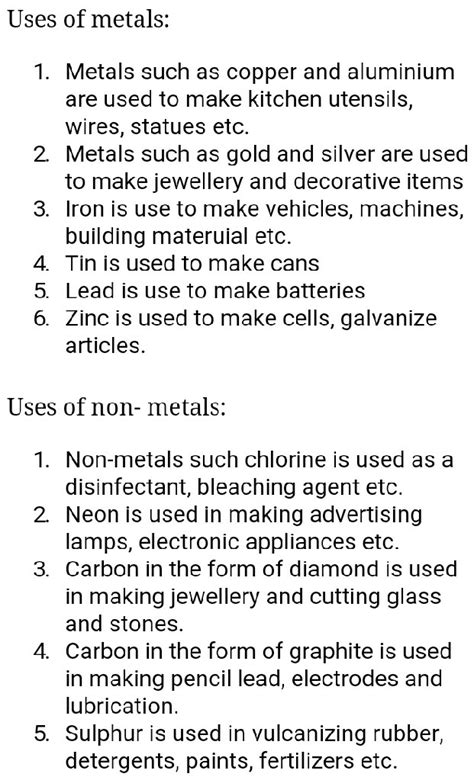 What are the use of metal and non metal explain each one - Science ...