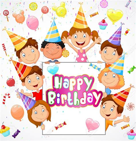 Birthday background with happy children cartoon | Kids birthday cards ...