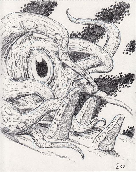 pencil drawing of an octopus with its mouth open and eyes wide open in ...