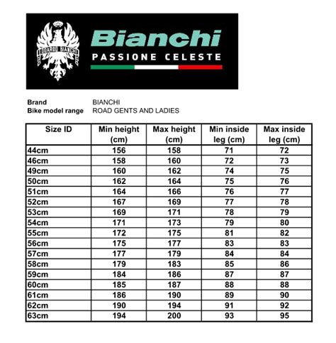 Bianchi Bikes Size Chart - Bianchi Bicycles