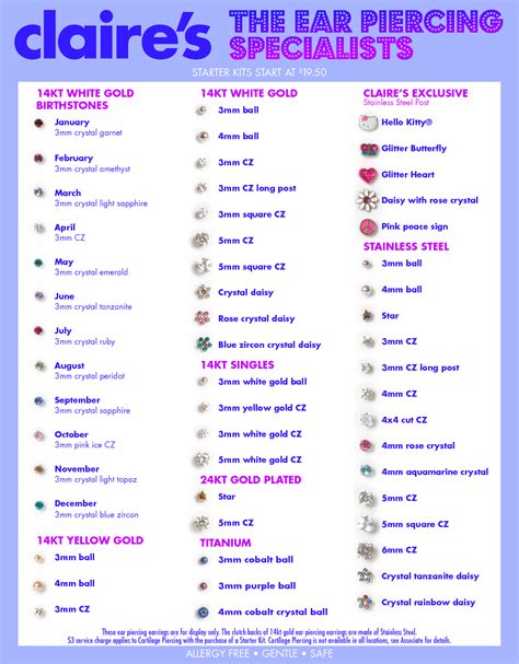 Claires Ear Piercing Chart