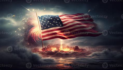 american flag waving in the air with fireworks and night scene view ...