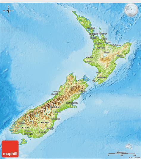 Physical 3D Map of New Zealand, single color outside