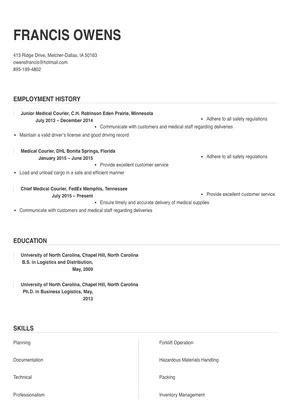 Medical Courier Resume Sample & Tips | Online Resume Builder