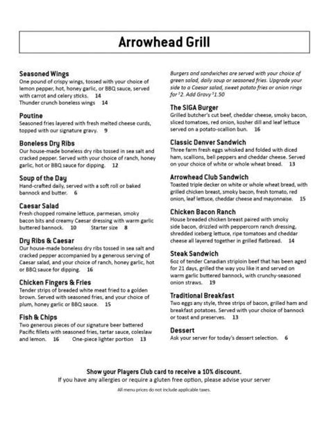 Arrowhead Grill menu in Whitecap, Saskatchewan, Canada