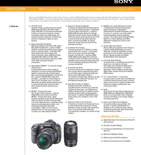 Sony DSLR A200 User Manual Marketing Specifications (DSLR A200W ...