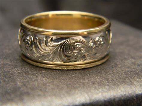 10mm 14K White Gold Engraved Ring with 14K Yellow Gold Edges - Custom ...