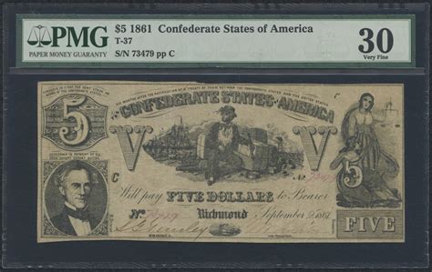 1861 $5 Five Dollars Confederate States of America Richmond CSA Bank ...