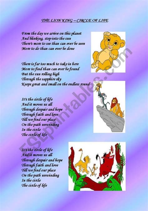 THE LION KING - THE CIRCLE OF LIFE - ESL worksheet by AGUILA Esl ...