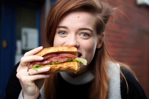 Premium Photo | Girl student eating crispy bacon sandwich on lunch break