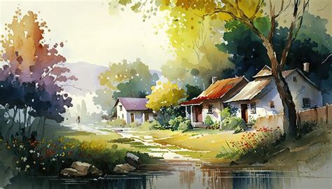 Watercolor Paintings Of Village Scene