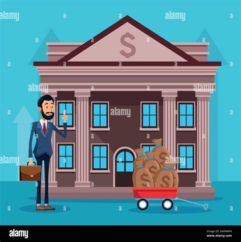 cartoon businessman in front of the bank with trollery with money bags ...