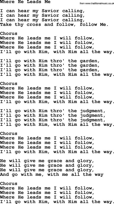Baptist Hymnal, Christian Song: Where He Leads Me- lyrics with PDF for ...