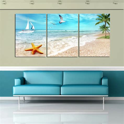 3 Panel Large Beach Canvas Seascapes Palm Tree Paintings 3 Piece Wall ...