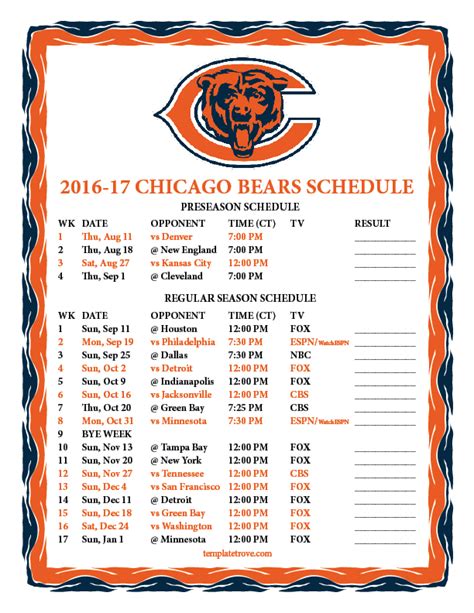 Printable 2016-2017 Chicago Bears Schedule