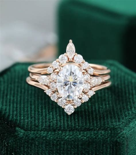 3pcs Oval Moissanite Engagement Ring Set Vintage Unique Rose Gold ...