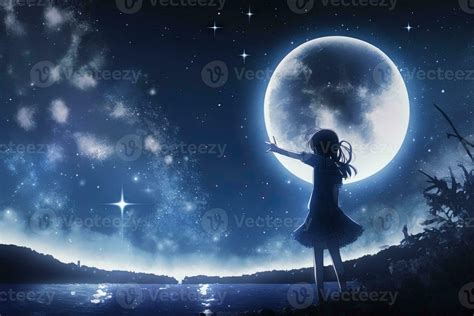 anime girl looking at the moon on starry night illustration 23913594 ...