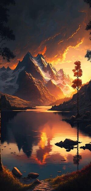 Premium AI Image | Sunset over a mountain lake in a scenic scene