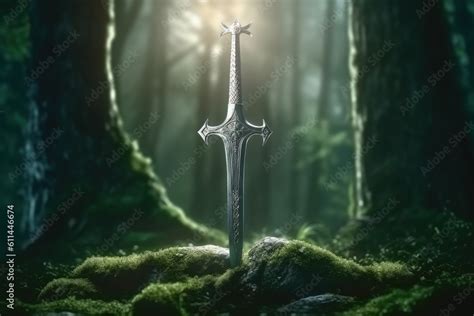 Medieval sword stuck in stone, fantasy and history concept. Generative ...