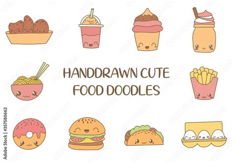 Set of Cute Food Doodles. Kawaii Food Icon doodles. Cute muffin ...