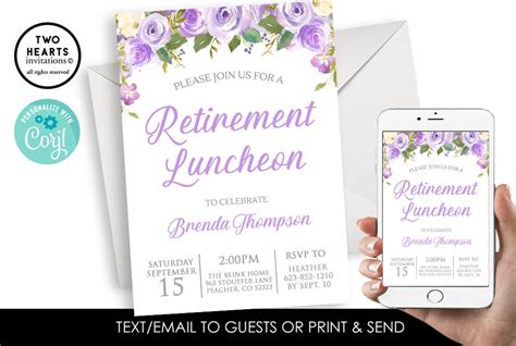 Editable Retirement Luncheon Invite Invitation Digital Purple Lavender ...