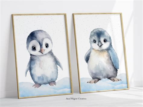 Fluffy Penguin Art Prints, Watercolor Emperor Penguin Wall Art, Baby ...