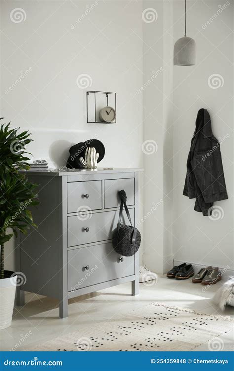 Grey Chest of Drawers in Room. Interior Design Stock Photo - Image of ...