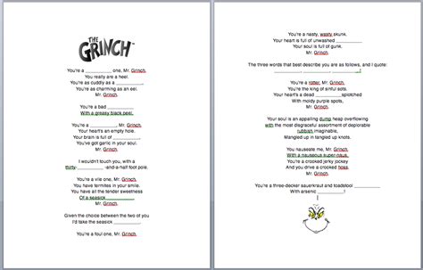 The Grinch Christmas Song Fill-In-The-Blanks Worksheet & Lyrics (ESL)