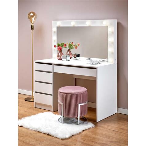 Coiffeuse en MDF blanc 5 tiroirs 1 miroir central éclairage LED Bromo