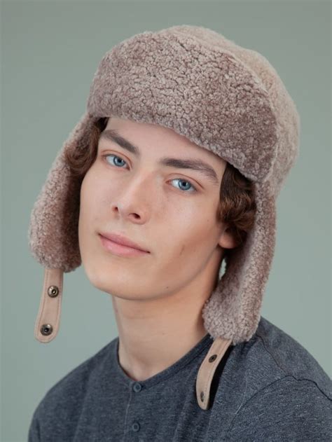 Beige Sheepskin Hat With Ear Flaps | Handmade by NordFur