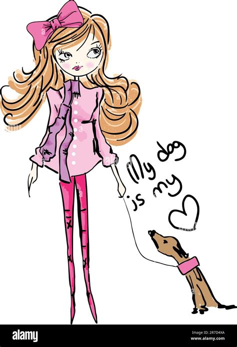 illustration girl with cute dog sketch drawing penciled vector Stock ...