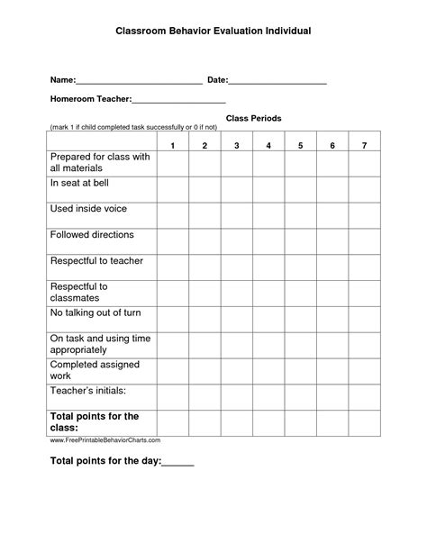 Daily Behavior Chart By Subject