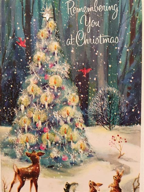 Vintage Christmas Card Glitter Card Lit Tree Forest