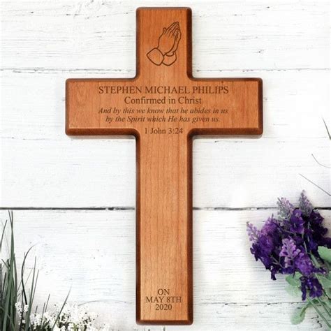 Praying Hands Personalized Confirmation Cross In Cherry Wood