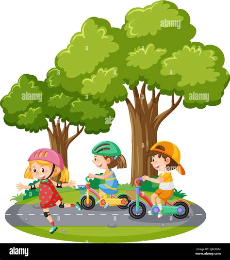 Children riding bicycle at park illustration Stock Vector Image & Art ...