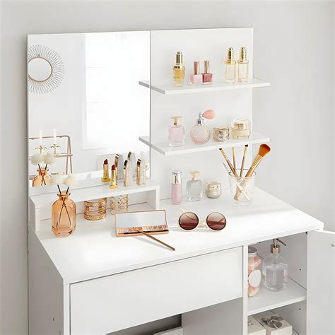 Coiffeuse blanche avec miroir, 1 tiroir, 2 étagères et armoire de ...