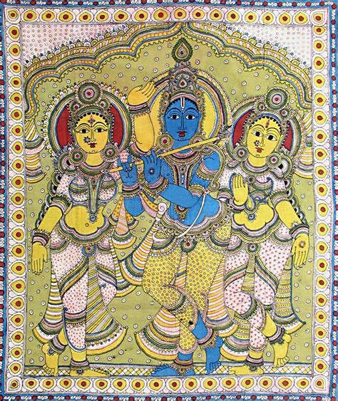 Lord Krishna with Rukmini and Satyabhama | Kalamkari painting, Indian ...