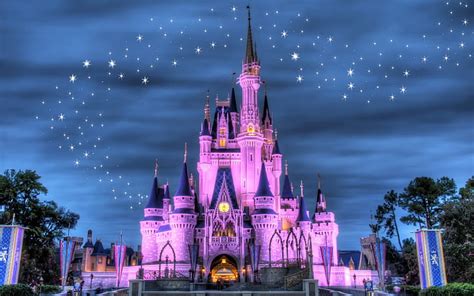 HD wallpaper: Disneyland, castle, night, lights, stars, purple style ...