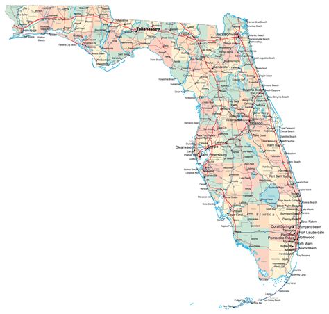 Large administrative map of Florida state with roads, highways and ...