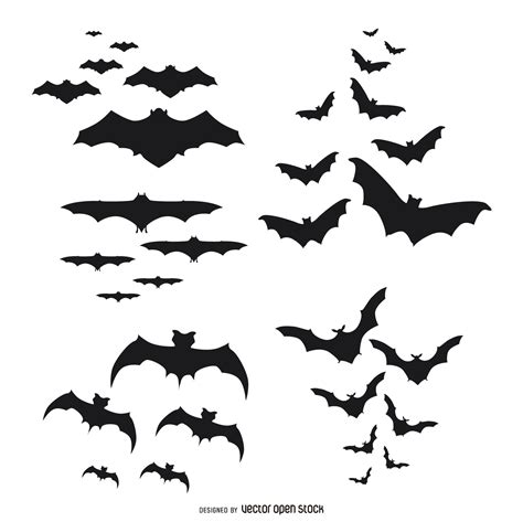 Set of bat silhouettes flying. Each set comes in a different style and ...