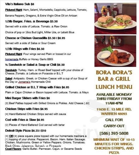 Bora Bora's Bar & Grill menu in Warren, Michigan, USA