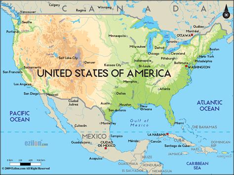 Large physical map of the United States with major cities | USA (United ...