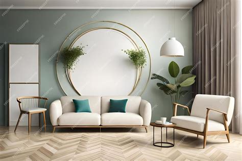 Premium AI Image | A living room with a large round mirror and a couch ...