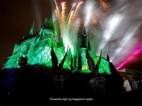 Fireworks light up Hogwart's castle.