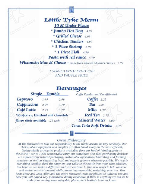 Menu at Pinewood Supper Club, Mosinee