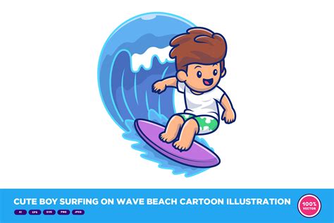 Cute Boy Surfing on Wave Beach Cartoon Graphic by catalyststuff ...