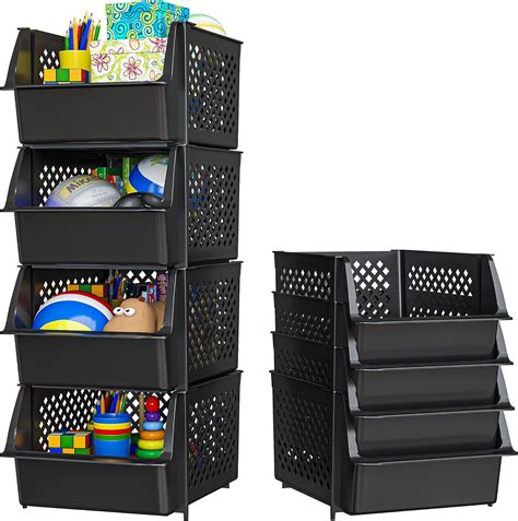 Buy Skywin Plastic Stackable Storage Bins for Pantry - 4-Pack Black ...